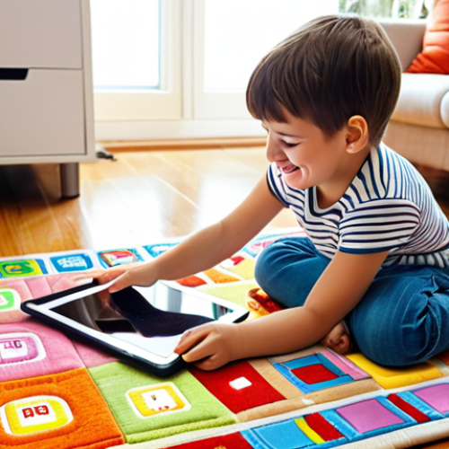 Home 4 A child happily playing with an educational robot on a colorful rug in a sunny living room. The robot is teaching the child basic coding concepts using visual blocks on a tablet. Toys and books are scattered around, creating a stimulating and playful environment.