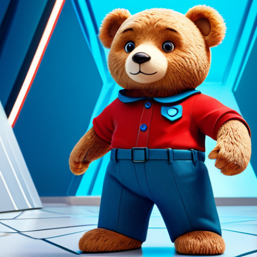 Home 14 A charming, anthropomorphic teddy bear character with a gentle expression, wearing a classic, modest red shirt and blue trousers. The character is rendered in a modern, professional 3D animation style, standing in a vibrant, futuristic digital landscape. The background subtly incorporates elements of social media feeds, holographic displays, and clean geometric patterns, symbolizing the evolution into the digital era. Cinematic lighting, high detail, crisp focus, dynamic composition, professional photography. safe for work, appropriate content, fully clothed, family-friendly, perfect anatomy, correct proportions, natural pose, well-formed hands, proper finger count, natural body proportions.