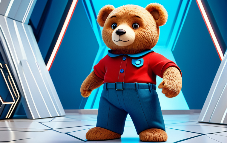 A charming, anthropomorphic teddy bear character with a gentle expression, wearing a classic, modest red shirt and blue trousers. The character is rendered in a modern, professional 3D animation style, standing in a vibrant, futuristic digital landscape. The background subtly incorporates elements of social media feeds, holographic displays, and clean geometric patterns, symbolizing the evolution into the digital era. Cinematic lighting, high detail, crisp focus, dynamic composition, professional photography. safe for work, appropriate content, fully clothed, family-friendly, perfect anatomy, correct proportions, natural pose, well-formed hands, proper finger count, natural body proportions.